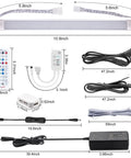 Components of Six Pack RGB Under Cabinet Lights With Remote And App Control Dope Lighting For Kitchen And Closet, dimensions shown