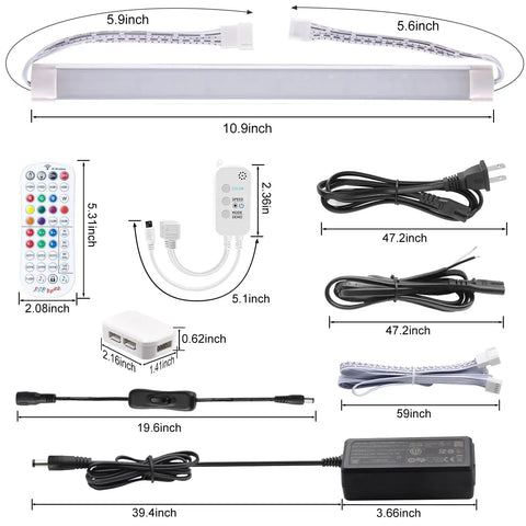 Components of Six Pack RGB Under Cabinet Lights With Remote And App Control Dope Lighting For Kitchen And Closet, dimensions shown