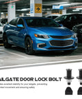 Seamless Rear Tailgate Latch Striker Bolt Kit For Pickup Trucks, black plastic bolts and bumpers with blue car in parking garage