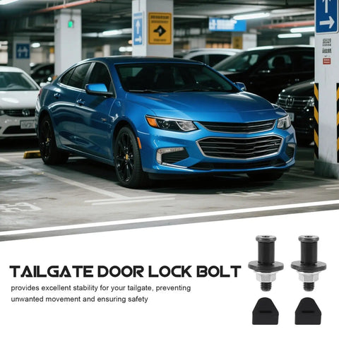 Seamless Rear Tailgate Latch Striker Bolt Kit For Pickup Trucks, black plastic bolts and bumpers with blue car in parking garage