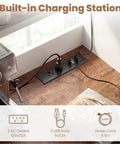 Built-in charging station with 2 AC outlets and 3 USB ports on white mini fridge cabinet for liquor coffee and snacks