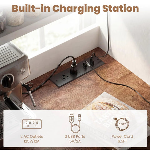 Built-in charging station with 2 AC outlets and 3 USB ports on white mini fridge cabinet for liquor coffee and snacks