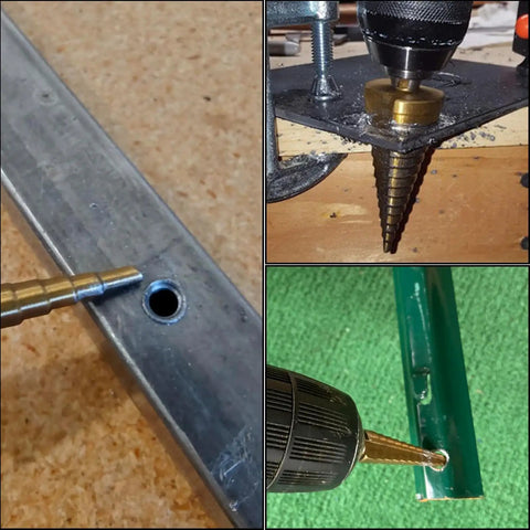 Premium Titanium Coated Hss Step Drill Bits cutting clean holes in various materials including metal and PVC.
