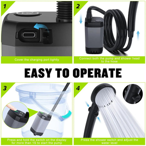 Portable Camping Shower With 6000mAh Battery, LED Display, Four Spray Modes, IPX7 Waterproof Outdoor Pump setup steps