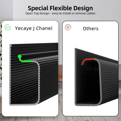 Comparison of Six 15.7 Inch J Channel Cable Management Set with standard cable organizers, adhesive mount, open top design, black.