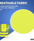 Close-up of breathable fabric on Neon Yellow High Visibility Safety Vest ANSI Class 2 With Two Utility Pockets Lightweight Polyester Fabric Cut For Medium Adults