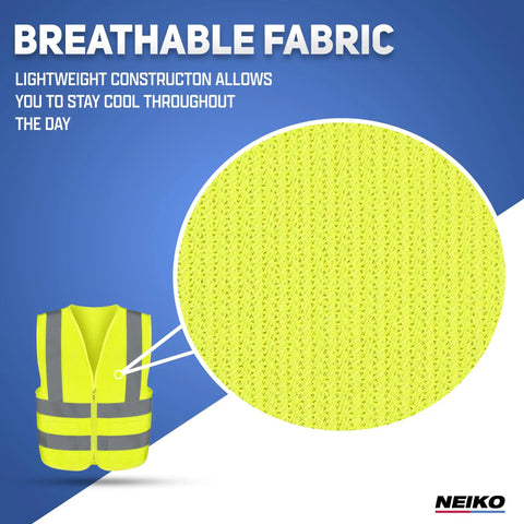 Close-up of breathable fabric on Neon Yellow High Visibility Safety Vest ANSI Class 2 With Two Utility Pockets Lightweight Polyester Fabric Cut For Medium Adults