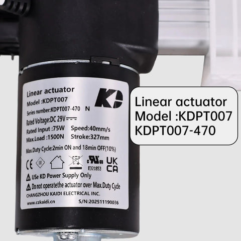 Label on Beefy KDPT007 470 Linear Actuator For Power Recliner And Adjustable Bed Frame, showing 327mm stroke, 1500N load.