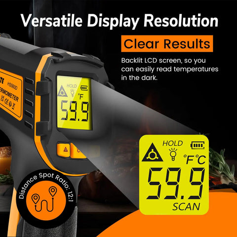Epic Infrared Temperature Gun For Cooking And Grilling With Laser Precision, Fast Non Contact Readings In Under A Second, Wide Range From Minus 58 F To 1112 F And Minus 50 C To 600 C For Meat, Pizza Ovens, Candy, Grilling, HVAC And More. Backlit LCD display showing 59.9°F and 12:1 distance ratio.