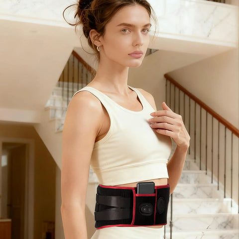 Woman wearing Cordless Heating Massage Belt With 3 Heat Settings And 5 Vibration Modes 10000mAh Rechargeable Battery Portable Back Massager