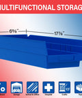 Heavy Duty Plastic Shelf Bins For Garage, Closet And Drawers, 18 X 6.5 X 4 Inches, Yellow Storage Bins, 12 Pack shown in blue