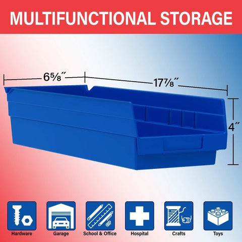 Heavy Duty Plastic Shelf Bins For Garage, Closet And Drawers, 18 X 6.5 X 4 Inches, Yellow Storage Bins, 12 Pack shown in blue