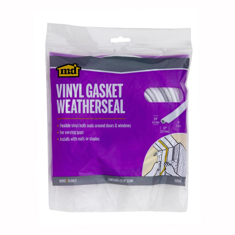 Front view of M-D Vinyl Gasket Weatherseal packaging; white weatherstrip for doors and windows, 17 ft.
