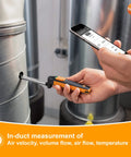 Handheld Air Velocity And Temperature Meter With In-Duct Airflow Measurement, CFM Readout, And A 15 Inch Telescoping Shaft For Easy Spot Checks, Bluetooth Connectivity And Mobile App Control For Quick Duct Diagnostics, in duct testing