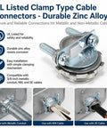 Heavy Duty Zinc Steel Clamp Cable Connectors For Romex Wires Electrical Box Setup Drip Proof. Durable zinc alloy type connectors with bolts.