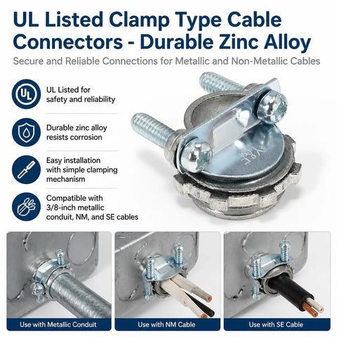 Heavy Duty Zinc Steel Clamp Cable Connectors For Romex Wires Electrical Box Setup Drip Proof. Durable zinc alloy type connectors with bolts.