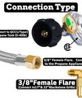 12 Ft Propane Regulator Hose With Gauge Stainless Braided QCC1 Adapter for 20lb Tanks, elbow fitting for grills and stoves