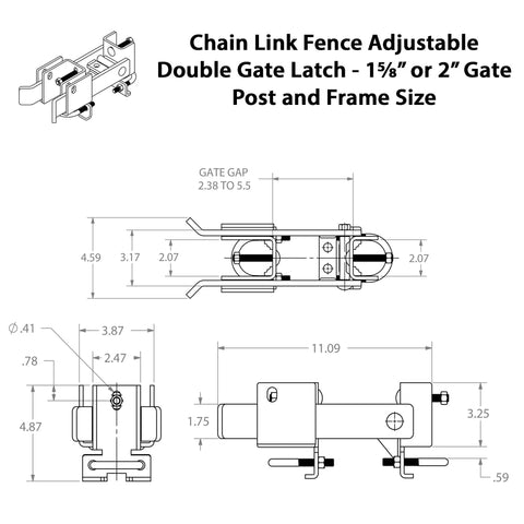 Diagram of Beefy Heavy Duty Chain Link Fence Commercial Double Gate Latch for One Five Eighths Inch or Two Inch Frames.