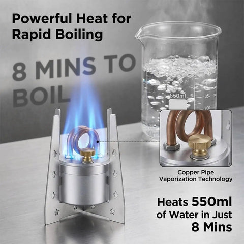 High Power Mini Alcohol Stove Spirit Burner for camping shown boiling water in 8 minutes with copper pipe technology