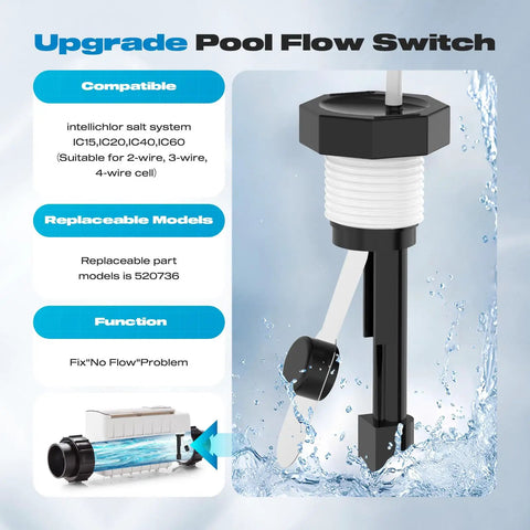 Replacement Flow Switch For IntelliChlor IC Series Salt Chlorinator Cells With 4 Wire Connection Beefed Up Pro Grade Pool Flow Sensor Switch 520736 Compatible With IC40 IC60 IC20 IC15 Durable Steel Sensing Parts, black sensor