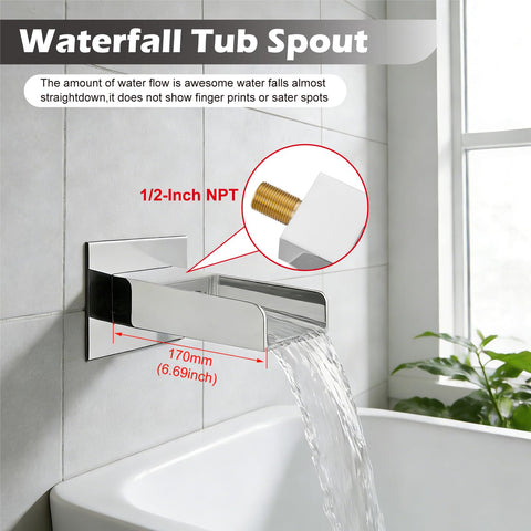 All Metal 3 In 1 Rain Shower System With Square Rainfall Head, Wall Mounted Waterfall Tub Spout, 8 Inch Chrome Finish