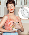 Outus 8-piece silicone jar gaskets, 3.75 in, white for canning jars; woman in a checkered top holds a jar, gasketed lid shown