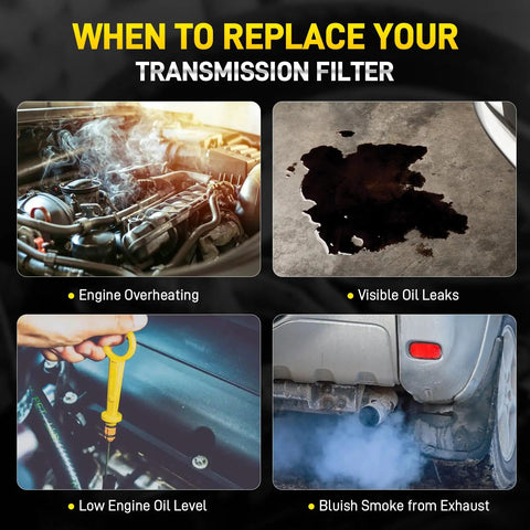 Signs to replace CVT Transmission Filter Oil Pan Gasket Kit: engine overheating, oil leaks, low oil level, bluish exhaust smoke