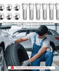 Six Sets Of Wheel Studs And Lug Nuts In One Half Inch Twenty UNF Threaded, Rust Resistant, Heavy Duty Bolt On Hub Fasteners displayed above mechanic working on car
