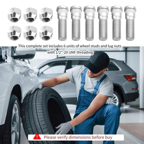 Six Sets Of Wheel Studs And Lug Nuts In One Half Inch Twenty UNF Threaded, Rust Resistant, Heavy Duty Bolt On Hub Fasteners displayed above mechanic working on car