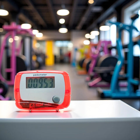 Red Portable Mini Digital LCD Pedometer That Tracks Steps Distance Calories Burned Exercise Time And Daily Target With Accurate Sensor Tech For Walking Running And Fitness On The Go on gym table
