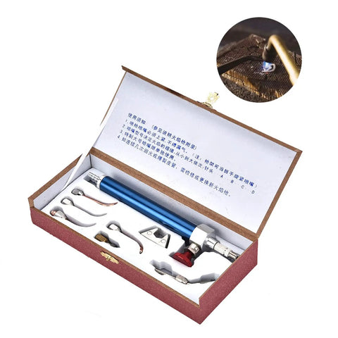 Portable Oxygen Torch Kit with Interchangeable Nozzles displayed in open case, showing blue torch and various tips for brazing