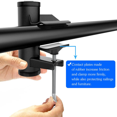 Outdoor Umbrella Clamp Heavy Duty Stainless Steel Deck Mount in use on black railing with adjustable arm and rubber contact plates.