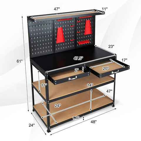 Heavy Duty 48 Inch Work Bench With Pegboard Storage 4 Tier Metal Tool Storage Bench 2 Drawers Hanging Accessories