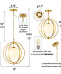 Dimensions and features of Gold Orb Chandelier 1 Light Globe Pendant Fixture With White Globe Glass Lampshade for Dining Room.