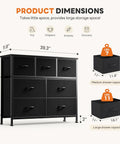 No-Fuss Seven Drawer Fabric Dresser With Bonus Storage Bins For Bedroom Organization And Durable Wooden Top That Handles Heavy Daily Gear While Dropping Clean Style In Tight Quarters, dimensions and capacity shown.
