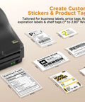 Direct Thermal Label Printer 2 Inch Wide for Barcode Stickers and QR Codes with various custom label examples shown.