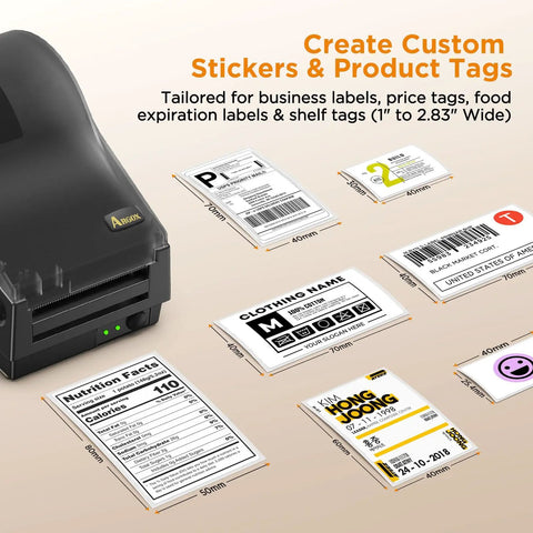 Direct Thermal Label Printer 2 Inch Wide for Barcode Stickers and QR Codes with various custom label examples shown.