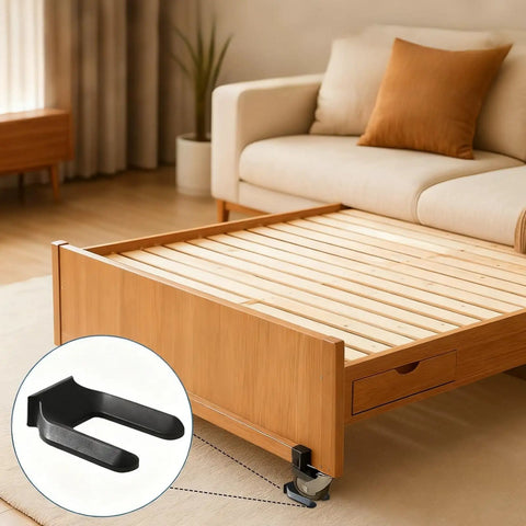 8 Pack Wheel Stoppers Set Universal Caster Cups for 50mm Bed Frames and Office Chair Wheels with a black PE stopper shown in use