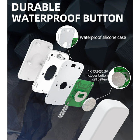 Long Range Wireless Doorbell Kit with 1200 feet range, battery operated, no outlet needed, showing durable waterproof button
