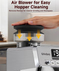 Next Level Semi Automatic Espresso Machine With Built In Conical Burr Grinder showing air blower for hopper cleaning.