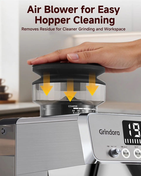 Next Level Semi Automatic Espresso Machine With Built In Conical Burr Grinder showing air blower for hopper cleaning.