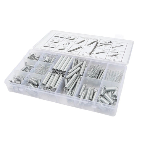 Essential 200 Piece Compression And Extension Spring Assortment Kit For Any Car Repair Or Home DIY Project With Zinc Plated Steel In 8 Sizes To Make Your Next Fix Easy As Pie. plastic organizer with zinc plated steel springs in assorted sizes