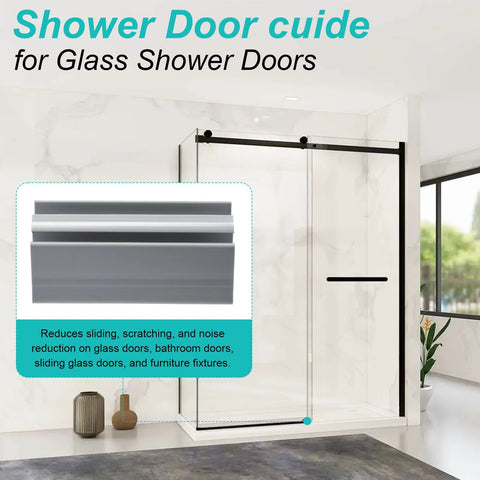 Gray Sliding Shower Door Bottom Track For One Half Inch And Three Eighth Inch Track Grooves, Compatible With Glass Doors Seven Sixteenth Inch And Five Sixteenth Inch Thick, Durable Replacement Two Pack For Easy Installation And Smooth Sliding, shown installed in a bathroom setting.