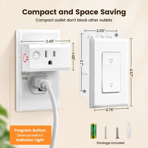 Gotta Love This Dimmer Plug With Remote Control For Lamps And Table Lights showing a compact outlet next to a manual switch on a wall.
