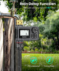 Two Pack Water Timer With Brass Inlet For Sprinkler Systems Rain Delay Manual And Automatic Drip Irrigation And Lawn Watering System For Yard And Garden No Fuss showing LCD screen with rain delay function.