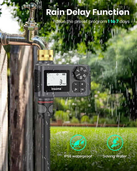 Two Pack Water Timer With Brass Inlet For Sprinkler Systems Rain Delay Manual And Automatic Drip Irrigation And Lawn Watering System For Yard And Garden No Fuss showing LCD screen with rain delay function.