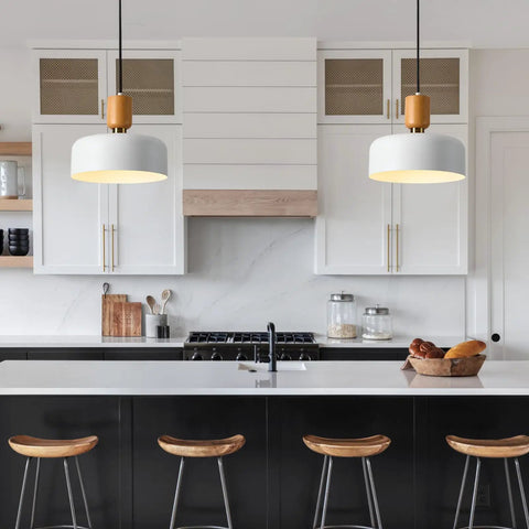 Modern Pendant Light With Natural Wood And Brass Accent, 12-Inch White Matte Shade, Adjustable Cord for Kitchen Island View