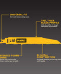 Diagram of bi-metal reciprocating saw blade with annotations on universal fit, tall thick profile, patented tooth forms, and construction