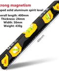Heavy Duty Magnetic Leveling Bar With Precision Bubble Vials And A 400mm Straight Edge Ruler, showing strong magnet and spirit level.