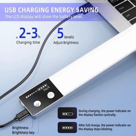 Motion Sensor Closet Lights With LCD Display 40 LED Rechargeable Dimmable Battery Operated Cabinet Lights charging via USB